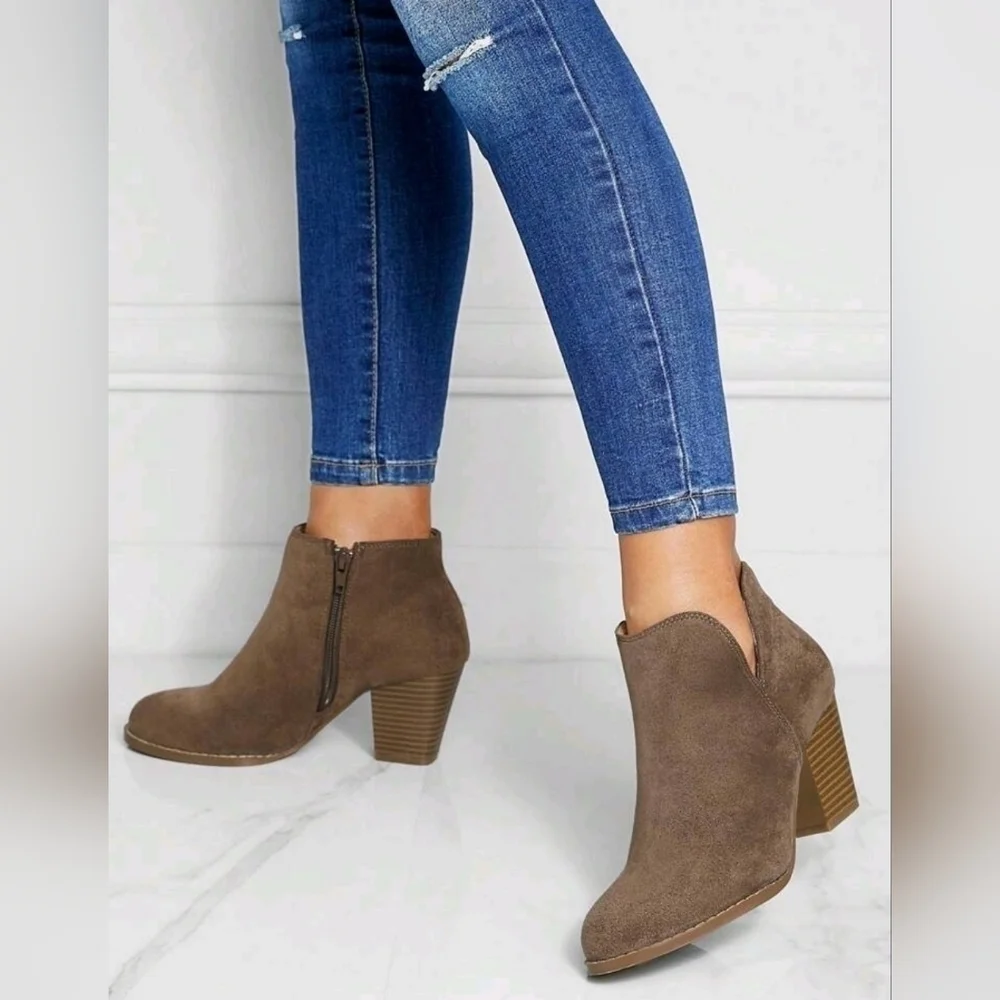 Faux Suede Zipper Side Chunky Heeled Booties